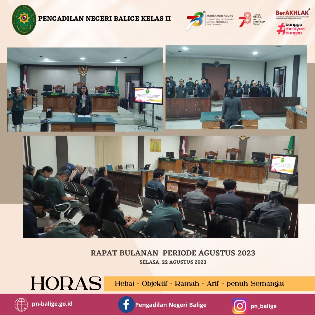 Rapat bulanan dan Pembinaan Hakim dan Aparatur Sipil Negara Pengadilan Negeri Balige periode Agustus 2023 